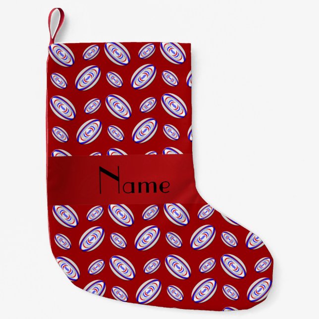 Personalised name red rugby balls small christmas stocking (Front)