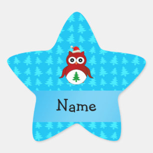 Personalised name red santa owl blue trees star sticker