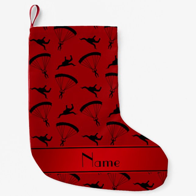 Personalised name red skydiving pattern small christmas stocking (Front)