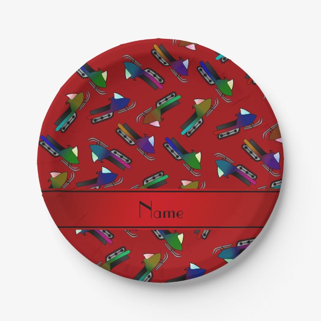 Personalised name red snowmobiles paper plate (Front)