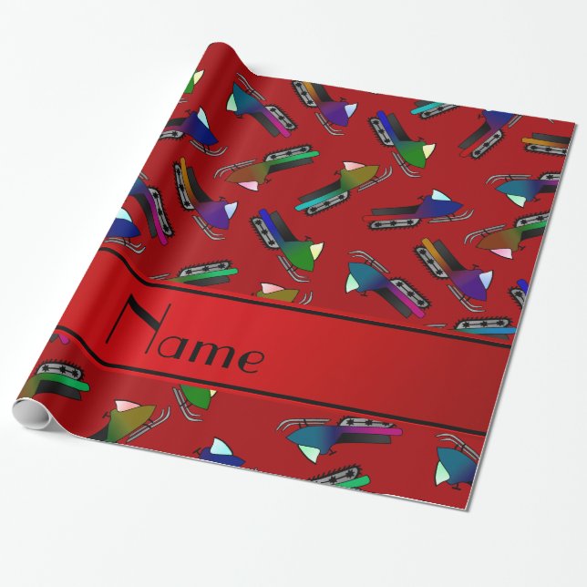 Personalised name red snowmobiles wrapping paper (Unrolled)