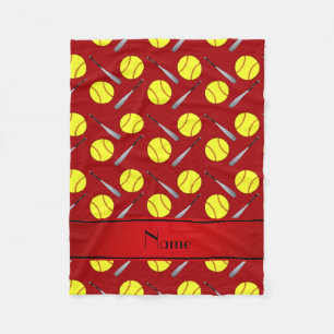 Personalised name red softball pattern fleece blanket