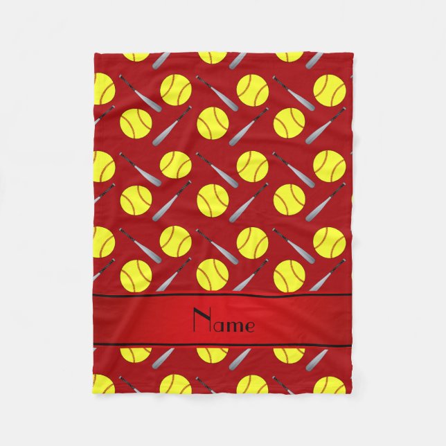 Personalised name red softball pattern fleece blanket (Front)