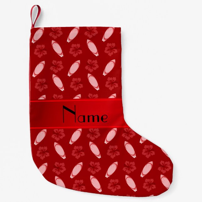 Personalised name red surfboard pattern small christmas stocking (Front)