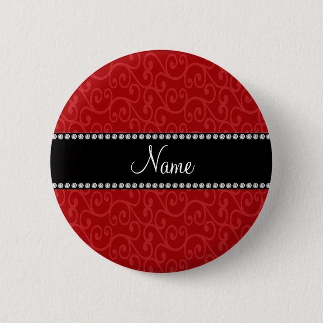 Personalised name red swirls 6 cm round badge (Front)