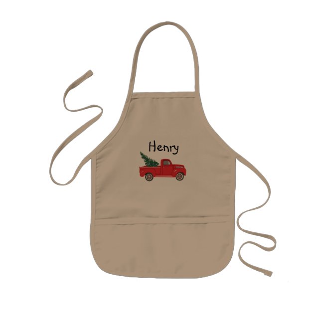 Personalised Name Red Truck with Tree Kids Apron (Front)