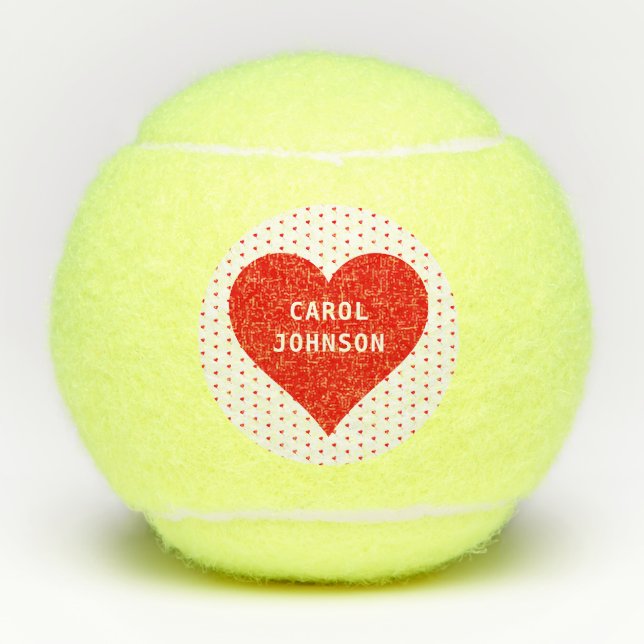 Personalised Name Red Valentine Heart Red & White Tennis Balls (Front)
