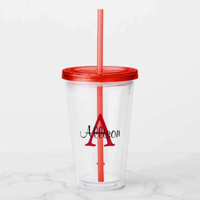 Personalised Name Red White Monogram Name Acrylic Tumbler (Front)