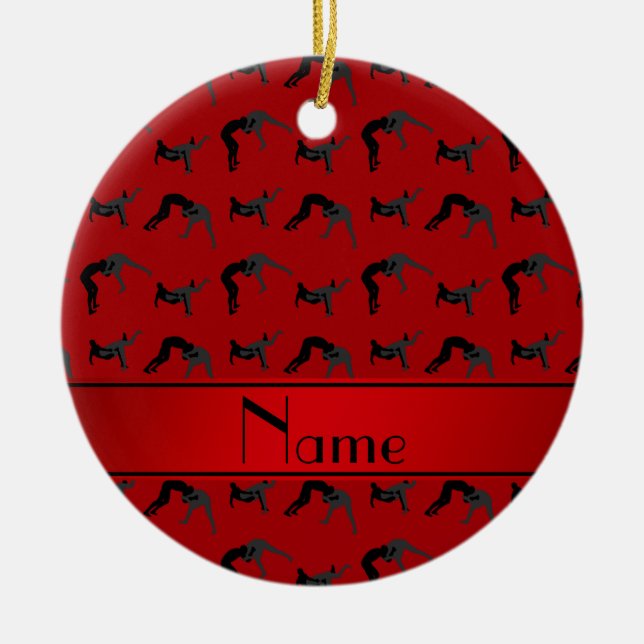 Personalised name red wrestling silhouettes ceramic tree decoration (Front)