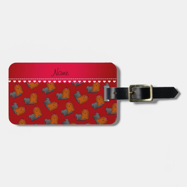 Personalised name red yorkshire terriers luggage tag (Front Horizontal)