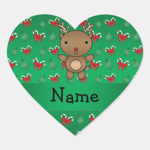 Personalised name reindeer green candy canes bows heart sticker