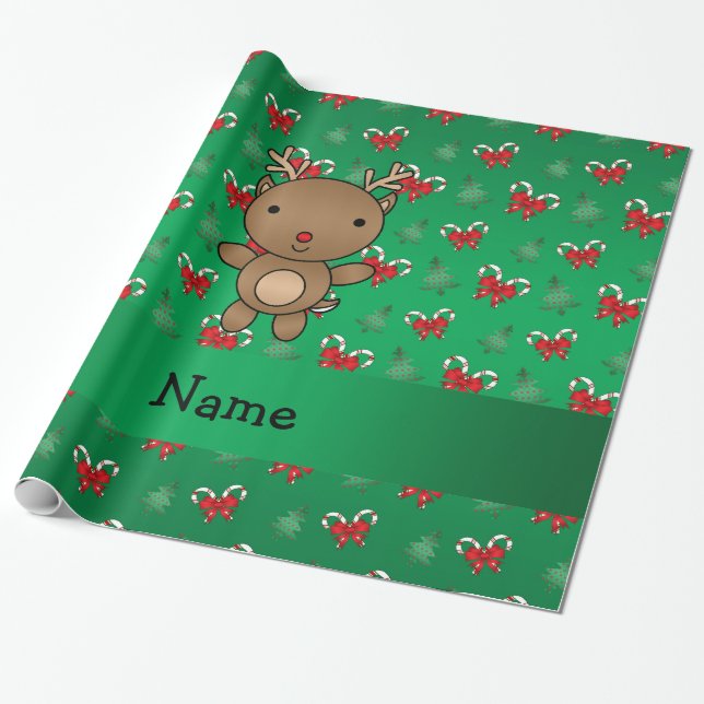 Personalised name reindeer green candy canes bows wrapping paper (Unrolled)