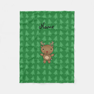 Personalised name reindeer green christmas trees fleece blanket