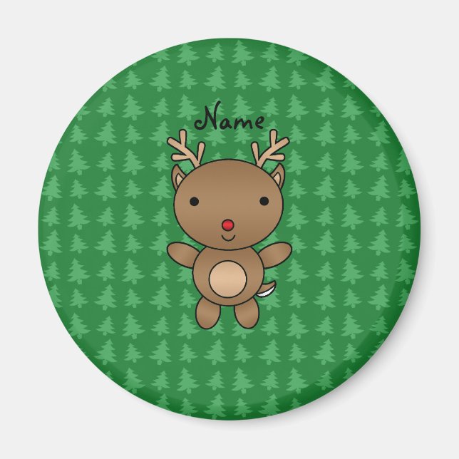 Personalised name reindeer green christmas trees magnet (Front)