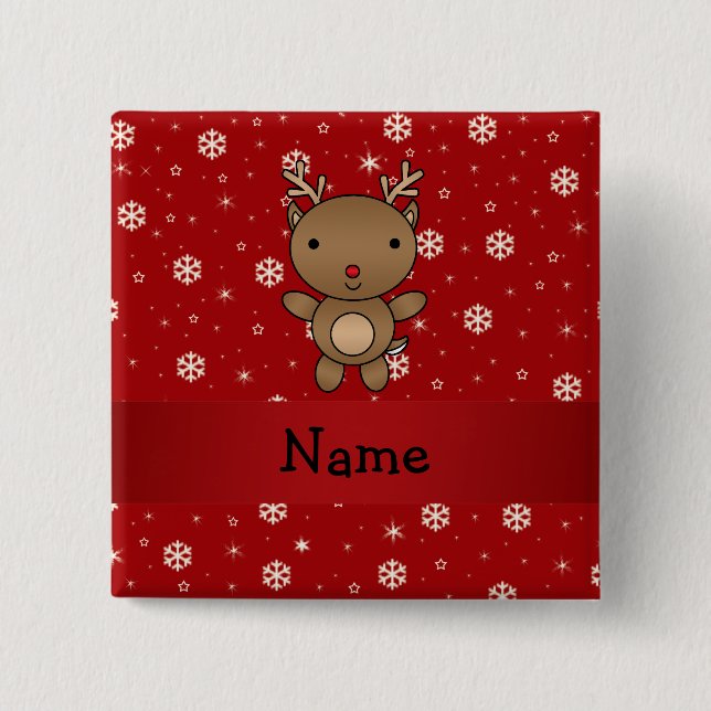 Personalised name reindeer red snowflakes 15 cm square badge (Front)