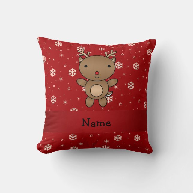 Personalised name reindeer red snowflakes cushion (Front)