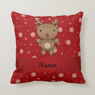 Personalised name reindeer red snowflakes cushion