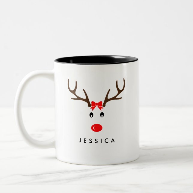 Personalised Name Reindeer Xmas Holiday Two-Tone Coffee Mug (Left)