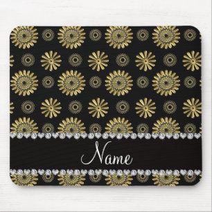 Personalised name retro black gold flowers mouse mat