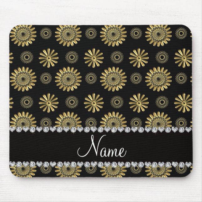 Personalised name retro black gold flowers mouse mat (Front)