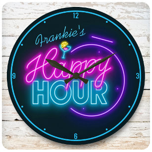 Personalised NAME Retro Faux Neon Happy Hour Bar Round Clock