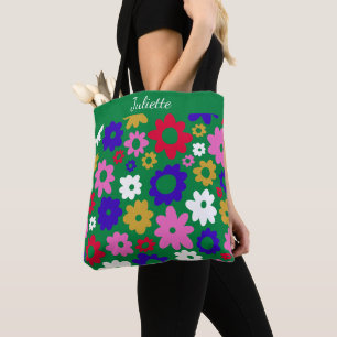Personalised Name Retro Green Flowers Vibrant Tote Bag