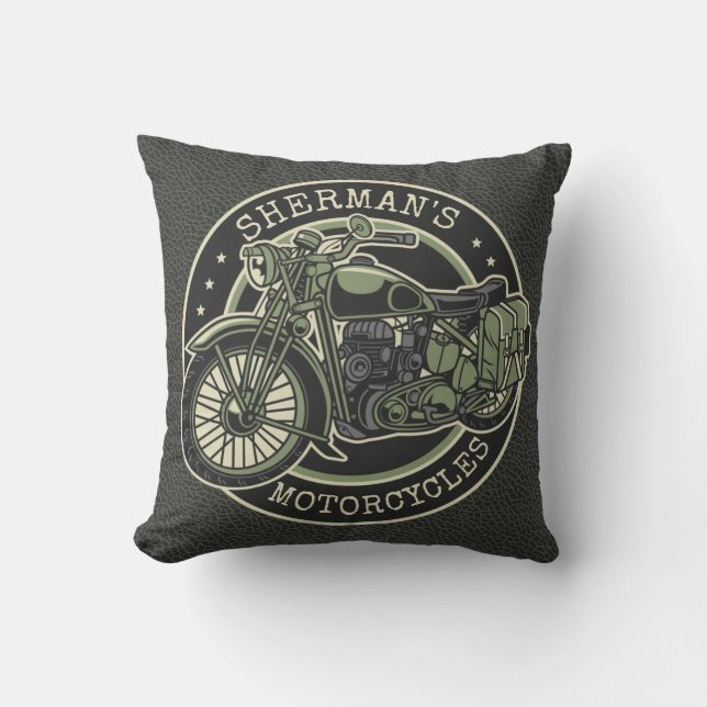 Personalised NAME Retro Military Motorcycle Biker Cushion (Front)