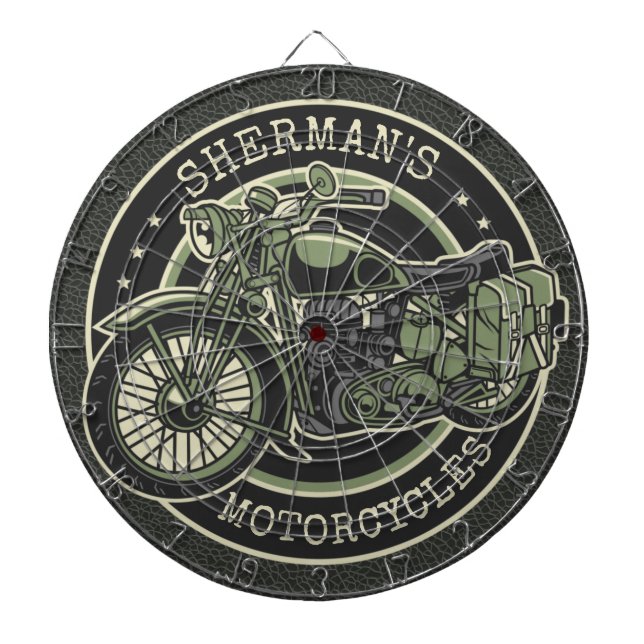 Personalised NAME Retro Military Motorcycle Biker Dartboard (Front)