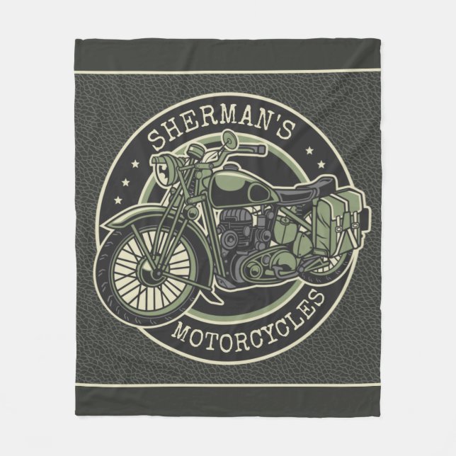 Personalised NAME Retro Military Motorcycle Biker Fleece Blanket (Front)