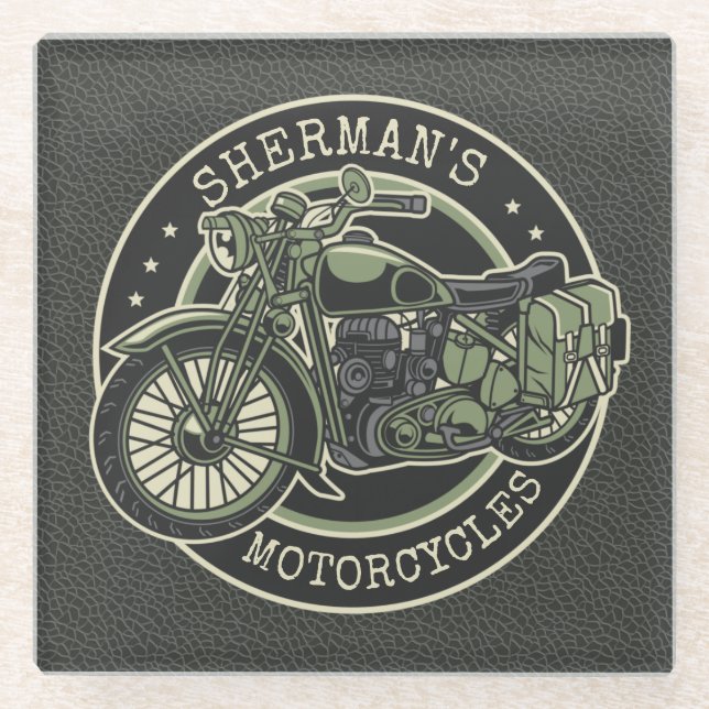 Personalised NAME Retro Military Motorcycle Biker Glass Coaster (Front)