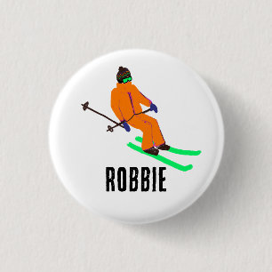 Personalised Name Retro Orange Skier Skiing 3 Cm Round Badge