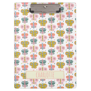 Personalised Name Retro Pink Butterflies Student Clipboard