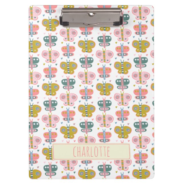 Personalised Name Retro Pink Butterflies Student Clipboard (Front)