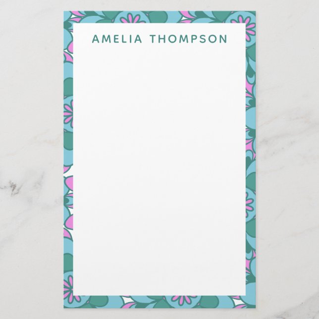 Personalised Name Retro Purple Green Floral  Stationery (Front)