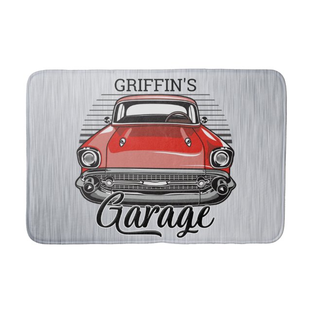 Personalised NAME Retro Red Classic Car Garage Bath Mat (Front)