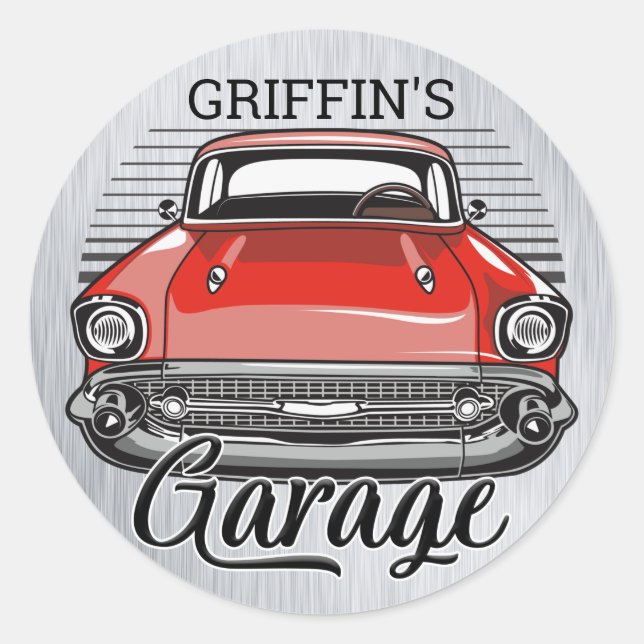 Personalised NAME Retro Red Classic Car Garage Classic Round Sticker (Front)