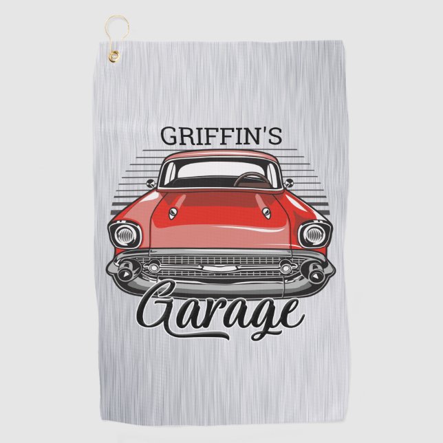 Personalised NAME Retro Red Classic Car Garage Golf Towel (Front)