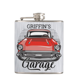 Personalised NAME Retro Red Classic Car Garage Hip Flask