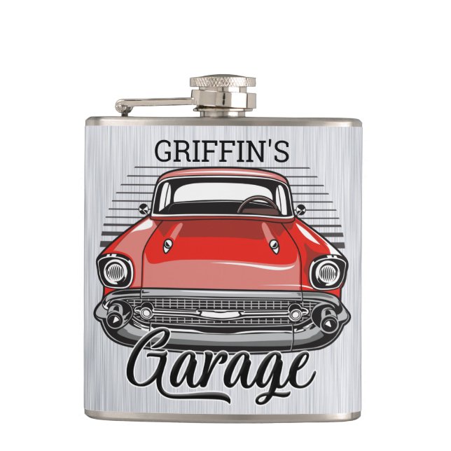 Personalised NAME Retro Red Classic Car Garage Hip Flask (Front)