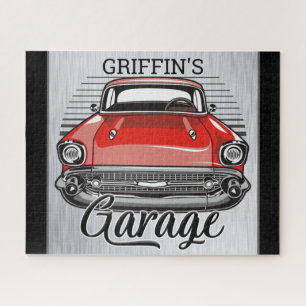 Personalised NAME Retro Red Classic Car Garage Jigsaw Puzzle