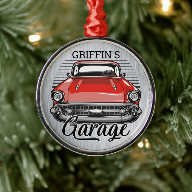 Personalised NAME Retro Red Classic Car Garage Metal Tree Decoration (Tree)
