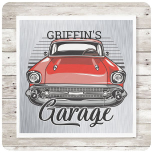 Personalised NAME Retro Red Classic Car Garage Napkin