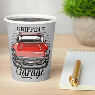Personalised NAME Retro Red Classic Car Garage Paper Cups