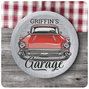 Personalised NAME Retro Red Classic Car Garage Paper Plate