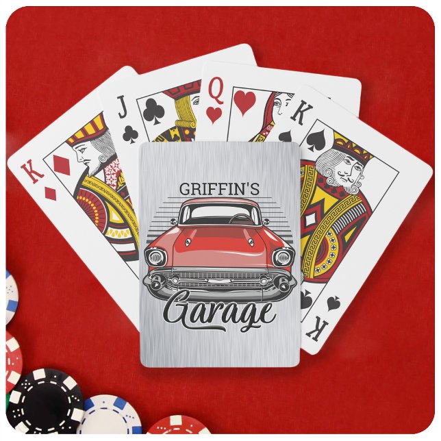 Personalised NAME Retro Red Classic Car Garage Playing Cards (Creator Uploaded)