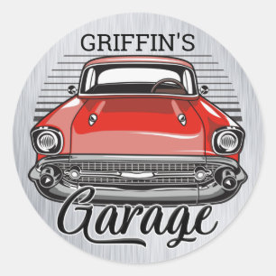 Personalised NAME Retro Red Classic Car Garage Round Sticker