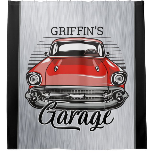 Personalised NAME Retro Red Classic Car Garage Shower Curtain (Front)