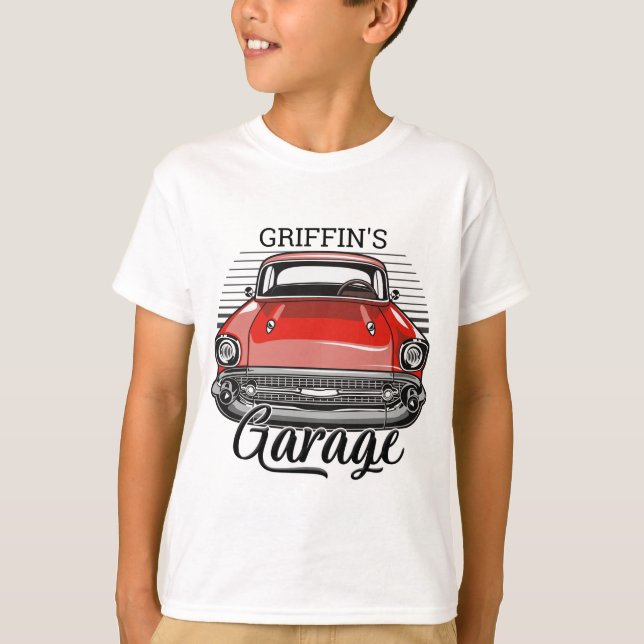 Personalised NAME Retro Red Classic Car Garage T-Shirt (Front)