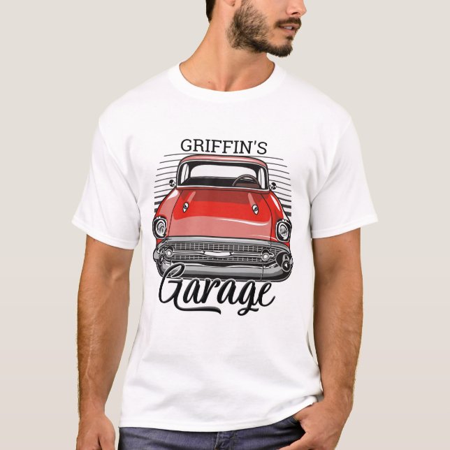 Personalised NAME Retro Red Classic Car Garage T-Shirt (Front)