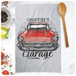 Personalised NAME Retro Red Classic Car Garage Tea Towel<br><div class="desc">Personalised NAME Retro Classic Car Cruiser Garage Design - Vintage Tri-Five Automobile - FAUX Metal Look - Customise with your Name or Custom Text!</div>
